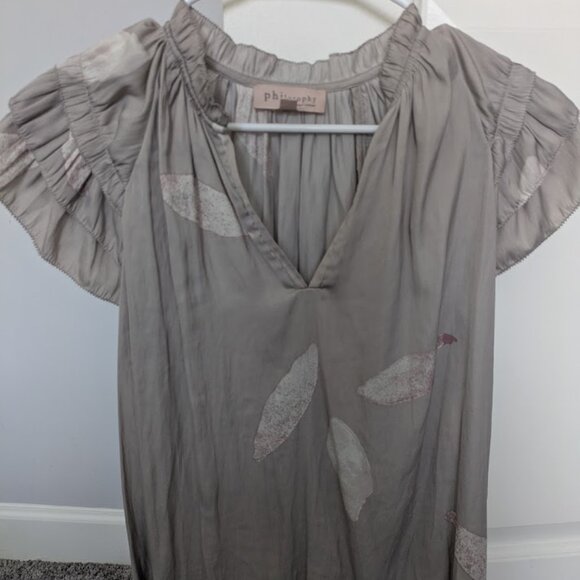 Philosophy Feather Print Taupe Blouse (S) - Picture 1 of 3